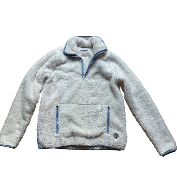 Marine Layer Re-Spun Size XS White Sherpa Fleece 1/4 Zip Pullover w/ Blue Trims - Picture 2 of 12